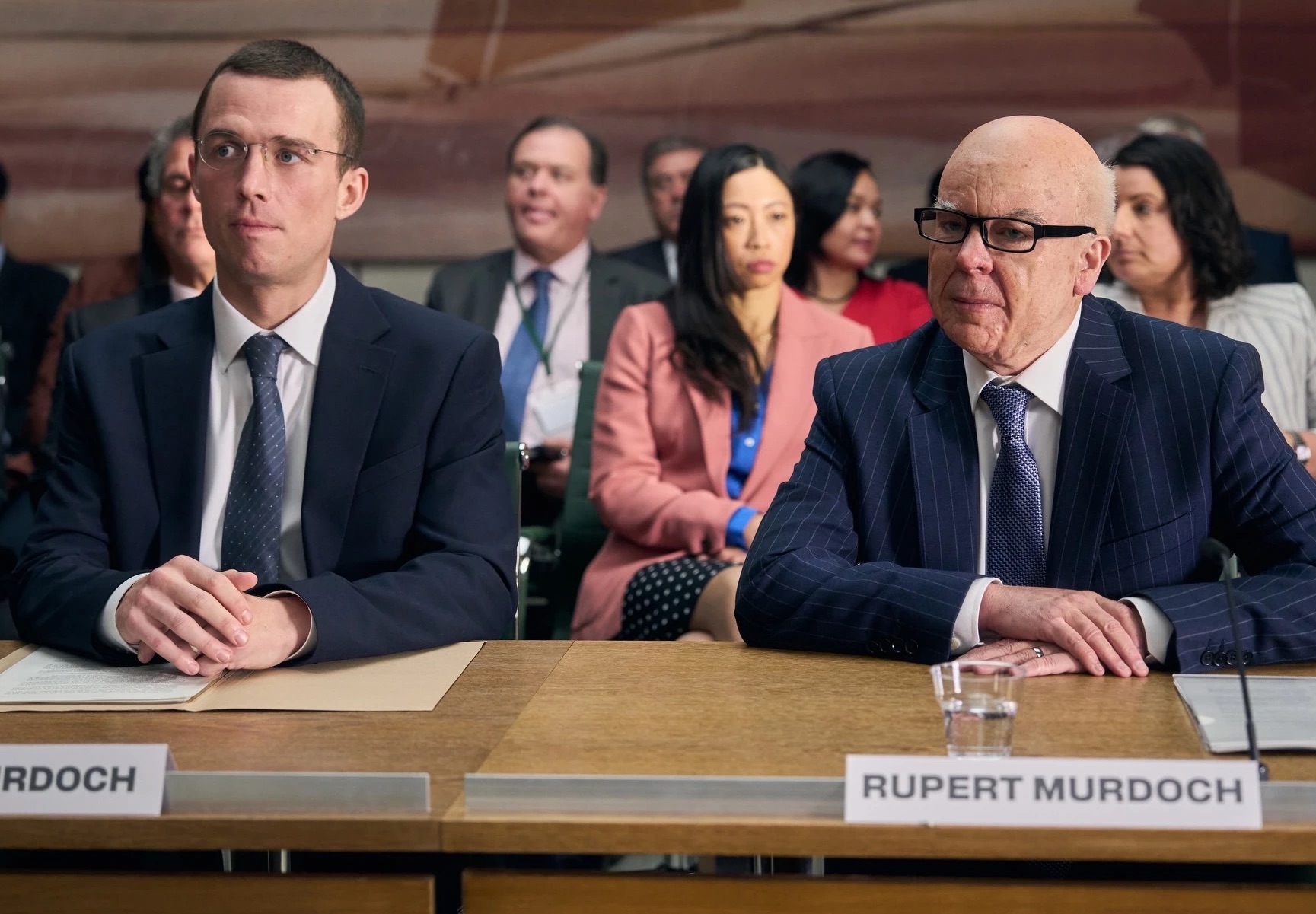 csJordan Renzo as James Murdoch, Steve Pemberton as Rupert Murdoch in The Hak
